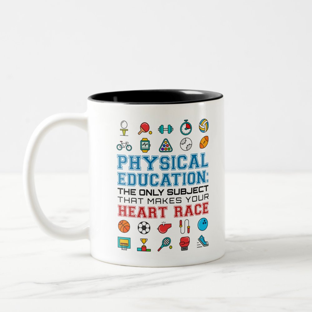 pe teacher phys ed gym coach heart race two tone coffee mug - Coach Gifts